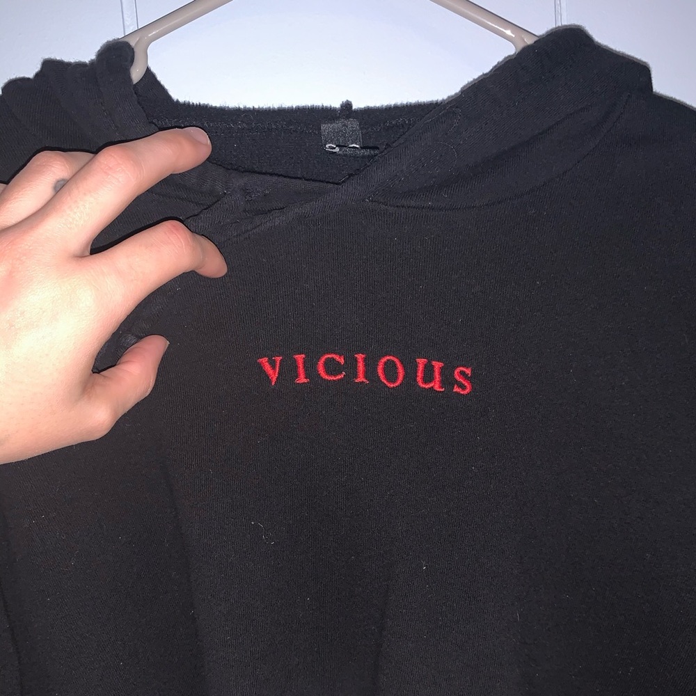 Black and red crop lightweight “vicious” hoodie.
